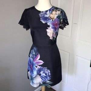 Navy blue lace sleeve, floral pattern dress